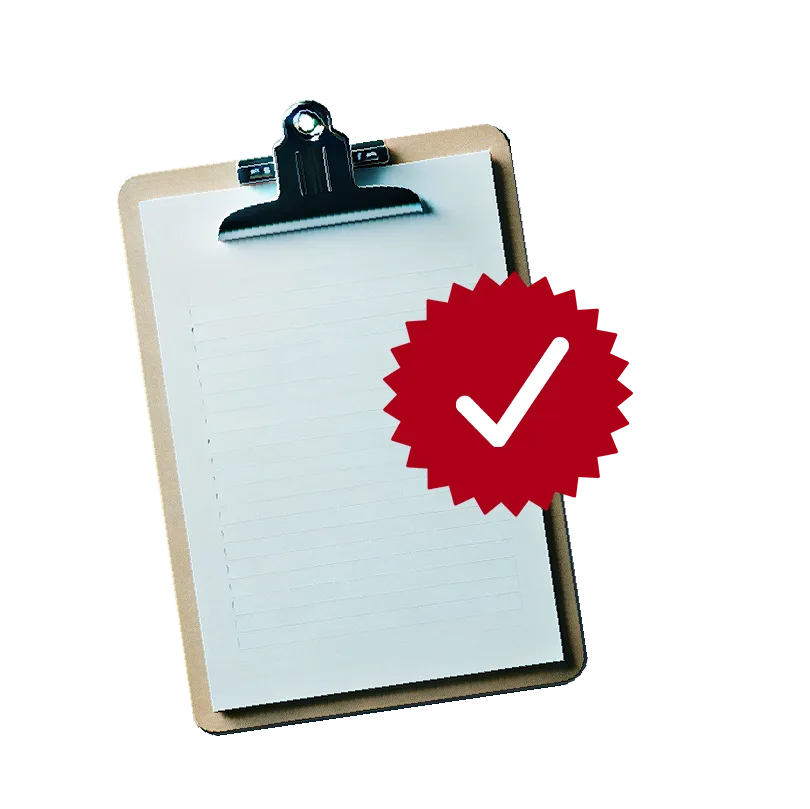 This image features a clipboard holding a sheet of lined paper, with a bold red checkmark badge overlapping the right side. The design suggests organization, completion, or approval, making it ideal for concepts like task management or checklist verification. The transparent background ensures easy integration into various designs.