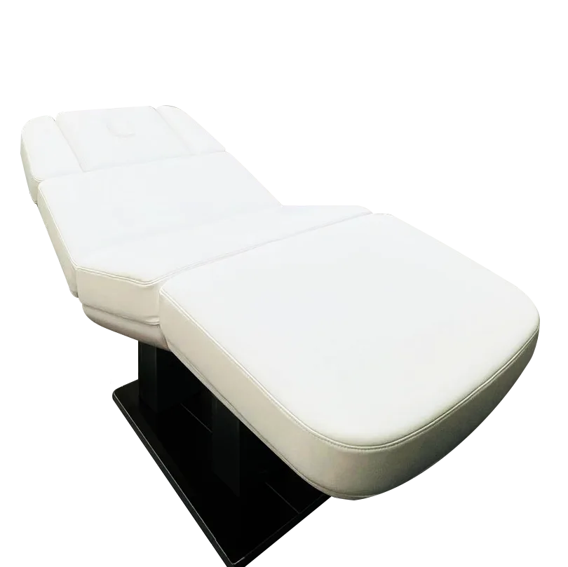 This image showcases a sleek, white, adjustable massage chair designed for hair transplant or medical procedures