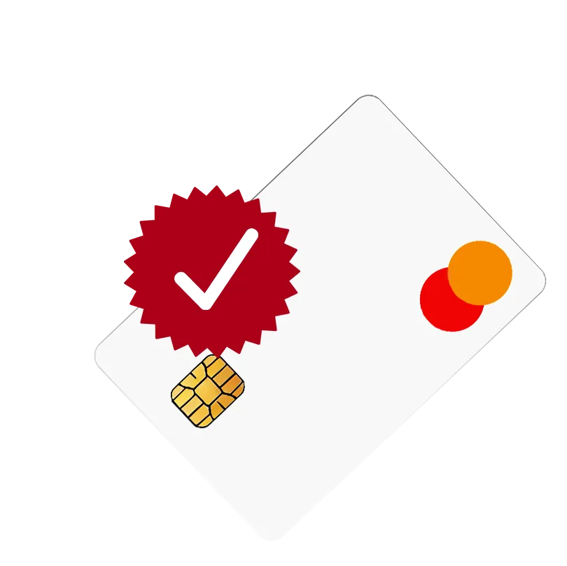 Credit card with a chip on the left side and the MasterCard logo in the bottom right corner. A red badge with a white checkmark overlaps part of the card, symbolizing approval or verification. The design is displayed on a transparent background, emphasizing the card's clean and modern look