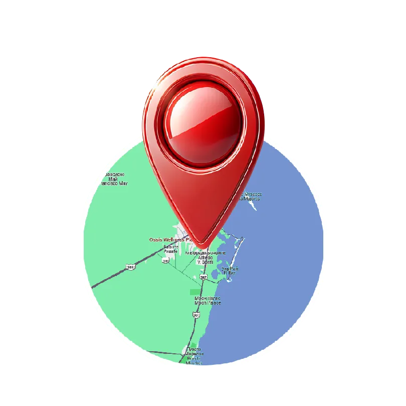Red location marker icon placed over a map with green and blue shaded areas. The design represents pinpointing a specific location or region, commonly associated with navigation, mapping, or geographic services. The transparent background ensures versatility for various design or digital purposes.