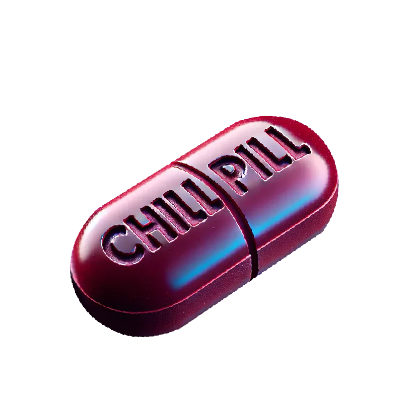 Red capsule pill split in half, with the engraved text "CHILL PILL" visible on its surface