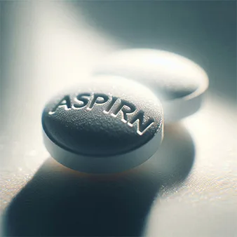 Close-up of two white aspirin tablets, with one prominently displaying the word "ASPIRIN" embossed on its surface. The lighting casts soft shadows, creating a clean and clinical aesthetic, while the blurred background adds depth and focus to the pills