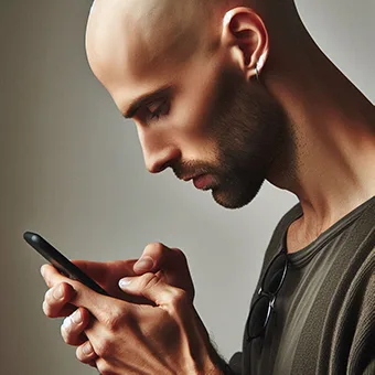 This image shows a bald man in profile view, intently focused on a smartphone he is holding with both hands. He is dressed casually, wearing a dark-colored shirt, with a pair of sunglasses visible around his collar