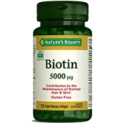 Bottle of Vitamin biotin dietary supplement. The bottle has an green, white, design, and is displayed on a transparent background