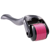 Derma roller with a sleek handle and a cylindrical roller covered in fine pink needles. The device is commonly used for skincare treatments, such as reducing scars, improving skin texture, and promoting hair growth. The product is displayed on a transparent background, making it versatile for various design uses