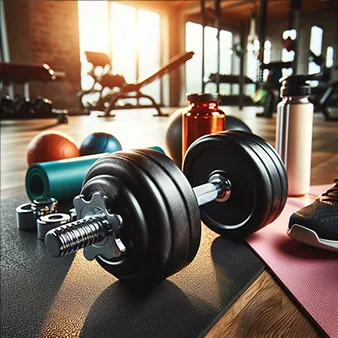 This image captures a gym setting with a black dumbbell as the central focus, resting on a textured workout mat. Surrounding it are fitness accessories, including a yoga mat, water bottle, sneakers, and medicine balls, all illuminated by warm sunlight streaming through large windows