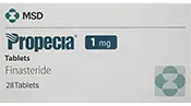 The packaging for Propecia (1 mg Finasteride) tablets by MSD. The box is designed with a clean white background and teal branding, prominently featuring the medication name, dosage (1 mg), and quantity (28 tablets). Propecia is commonly prescribed for treating male pattern baldness.