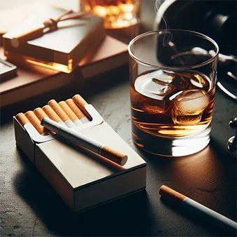 This image depicts a pack of cigarettes on a dark table alongside a glass of whiskey filled with ice cubes. A single cigarette rests partially out of the open pack, while warm, soft lighting highlights the scene's moody and contemplative atmosphere