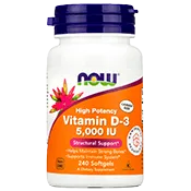This image features a bottle of NOW Vitamin D-3 dietary supplement displayed on a transparent background.