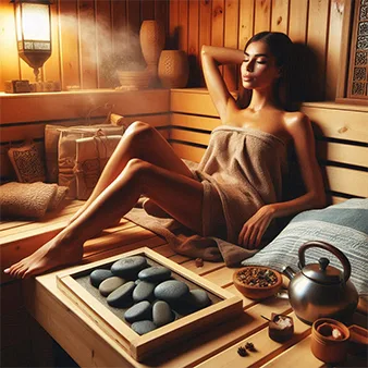 Woman wrapped in a towel, relaxing in a wooden sauna. She leans back with her eyes closed, surrounded by items like hot stones, a teapot, and herbal bowls, evoking a sense of calm and rejuvenation