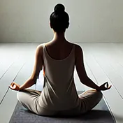 A person in a lotus pose practicing yoga in a simple, serene space with minimal details.