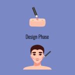 Illustration showing the design phase of a beard transplant procedure, with a pen marking a block of tissue above and a pen outlining dotted lines on a man's face to plan the beard area
