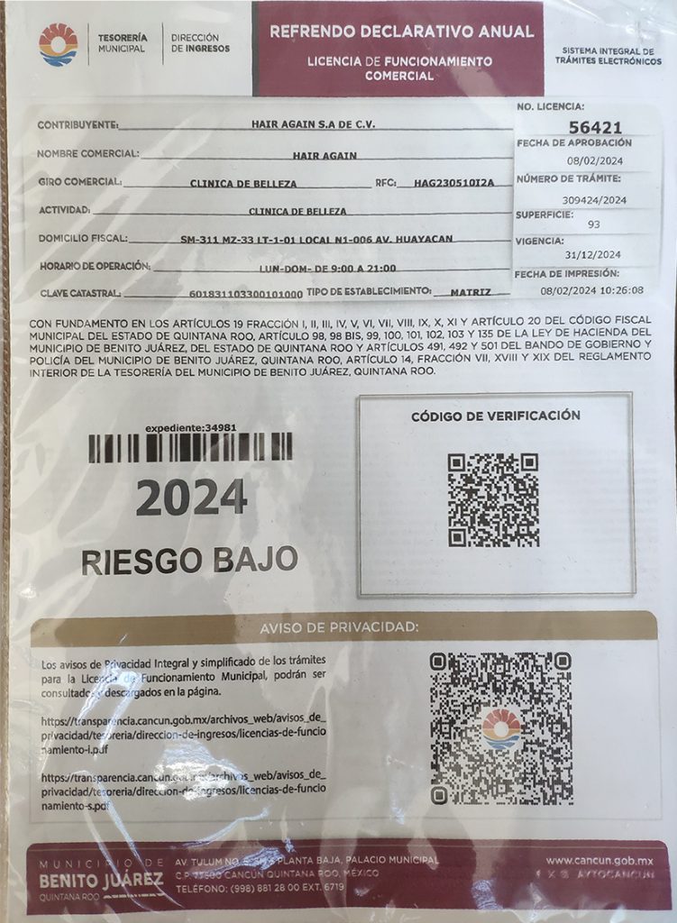 Photograph of a licencia de funcionamiento comercial an official document issued by municipal authorities that allows businesses to legally conduct commercial activities at a specific location