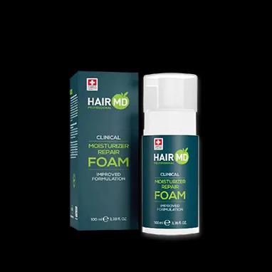 Product image of HairMD Clinical Moisturizer Repair Foam with its packaging, featuring a green box and white dispenser bottle against a black background