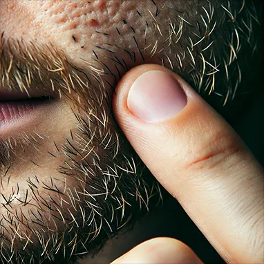 macro photograph of a hand scratching stubble on a cheek. The image should capture close-up details of the skin