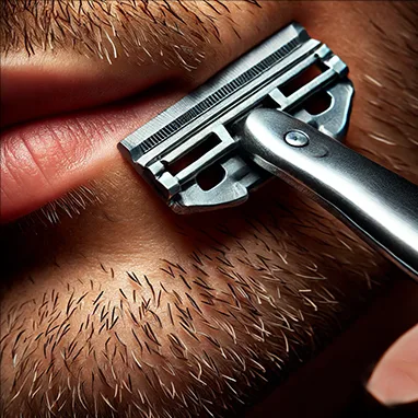Close-up of a man shaving his face with a straight razor, focusing on the razor gliding over short facial stubble near the lips