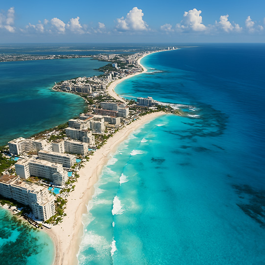 Aerial view of Cancun and the Caribbean Sea in 2025, showing white-sand beaches, turquoise water, and resort hotels