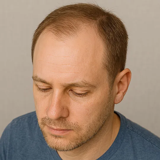 Slavic-looking man with short light brown hair and a slightly receding hairline, showing early signs of hair thinning