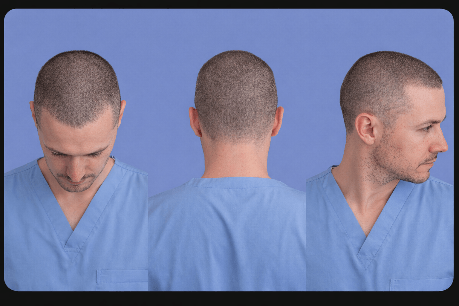 Hair transplant patient with 2mm buzz cut wearing blue medical scrubs, shown in front, back, and side views against a clean blue background