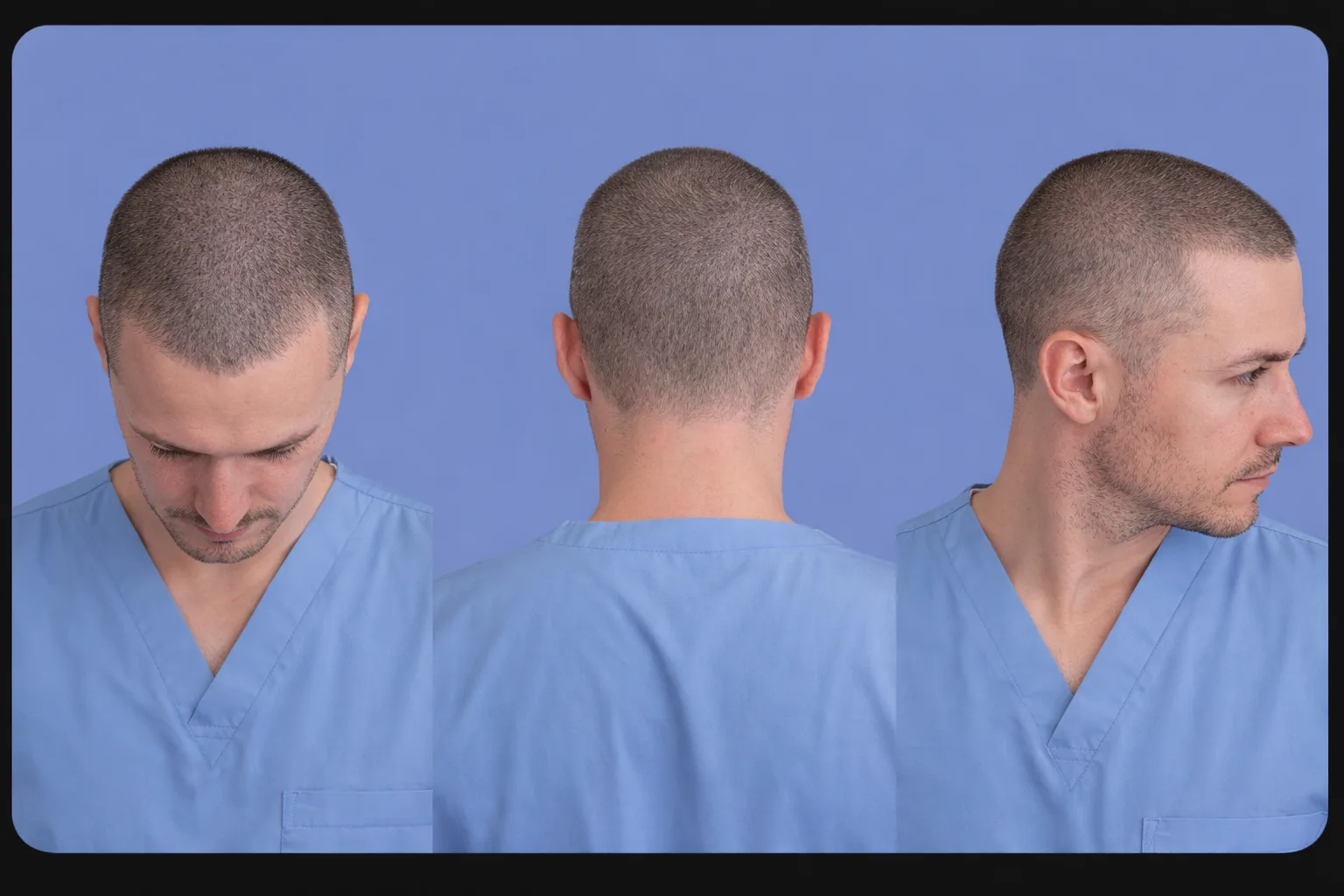 Hair transplant patient with 2mm buzz cut wearing blue medical scrubs, shown in front, back, and side views against a clean blue background