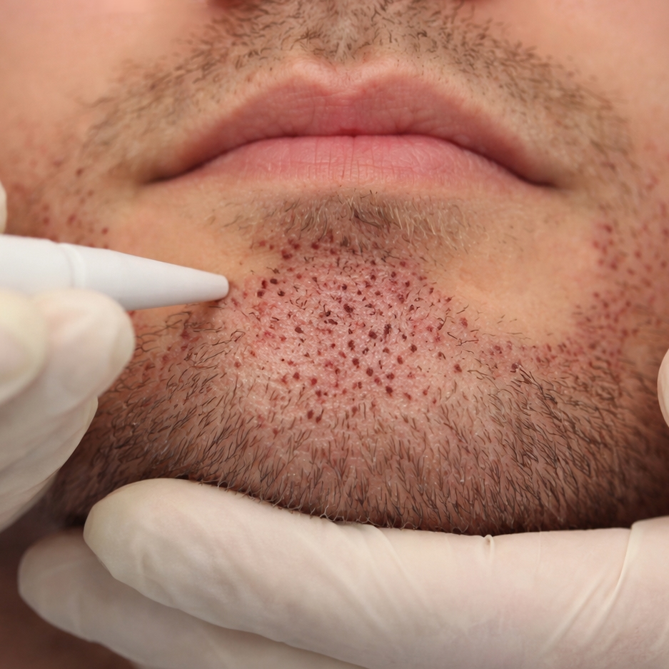 Beard transplant procedure showing graft placement during facial hair restoration in Cancun clinic