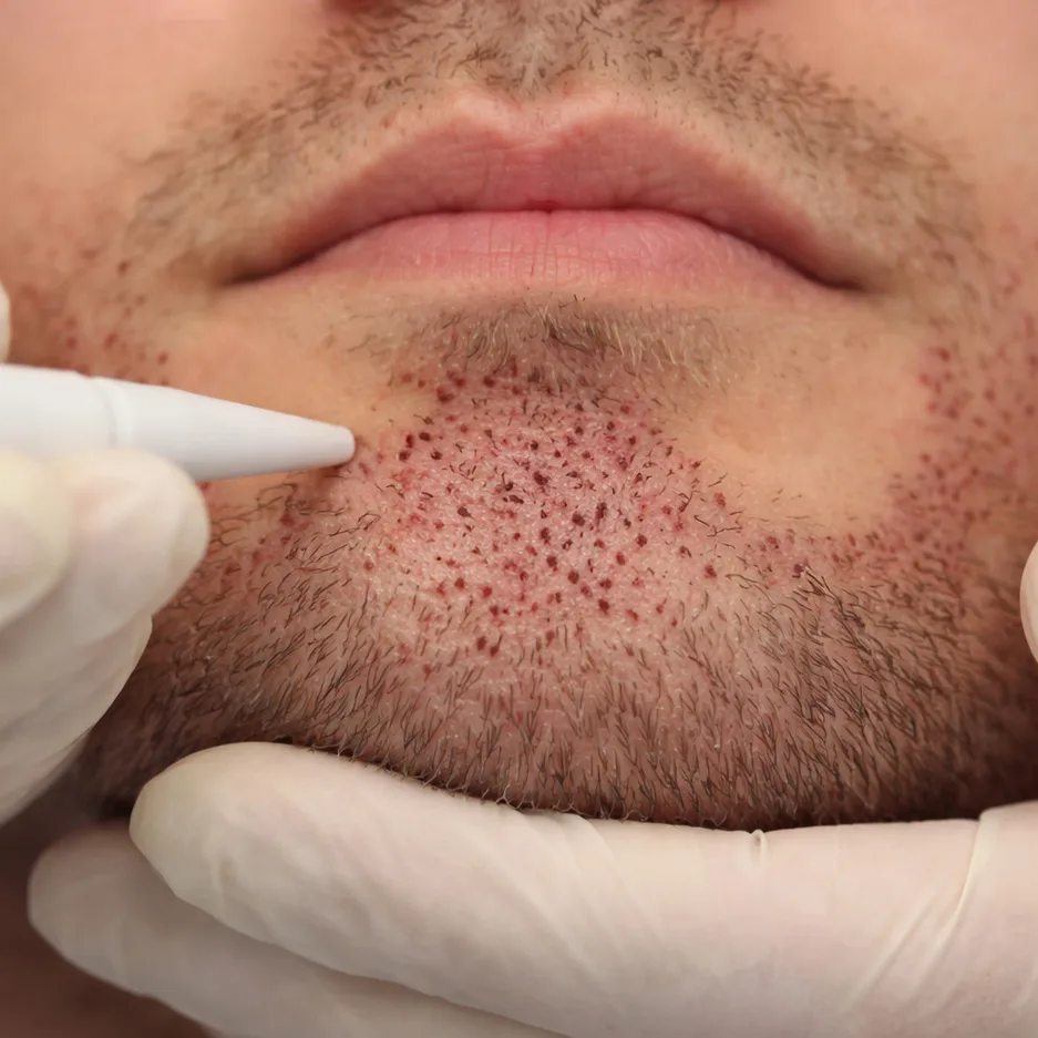 Beard transplant procedure showing graft placement during facial hair restoration in Cancun clinic